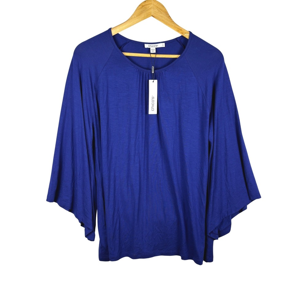 NWT Chico's Women Bell Sleeve Scoop Neck Jersey Blouse Sz 2/L Blue Flowy Office